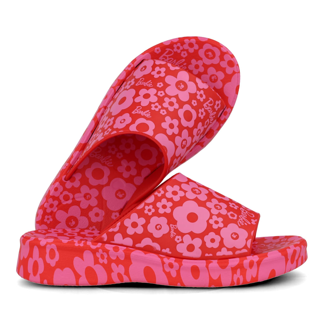 Tamanco Grendene Kids Barbie vermelho com estampa floral rosa vista lateral esquerda